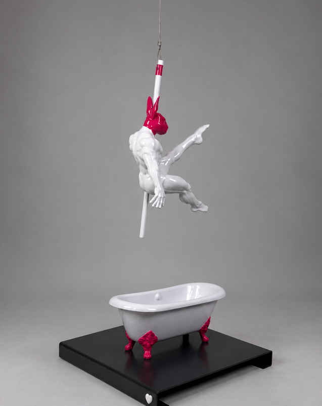OLEG from CIRCUS LOVERS by PORNOBUNNY, front three-quarter view; sculpture of a male figure with a rabbit head