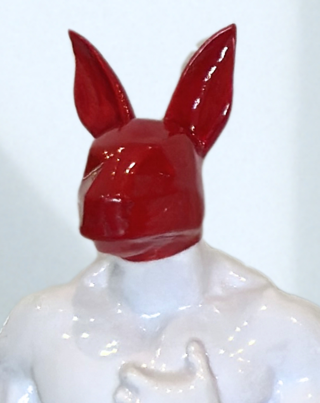 THE GANG by PORNOBUNNY, opposite rear three-quarter view; rabbit mask on a humanoid sculpture