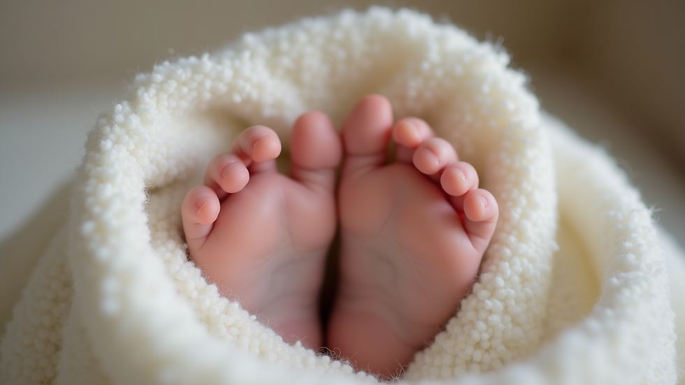 Close-up view of a newborn baby’s tiny feet wrapped in a soft blanket