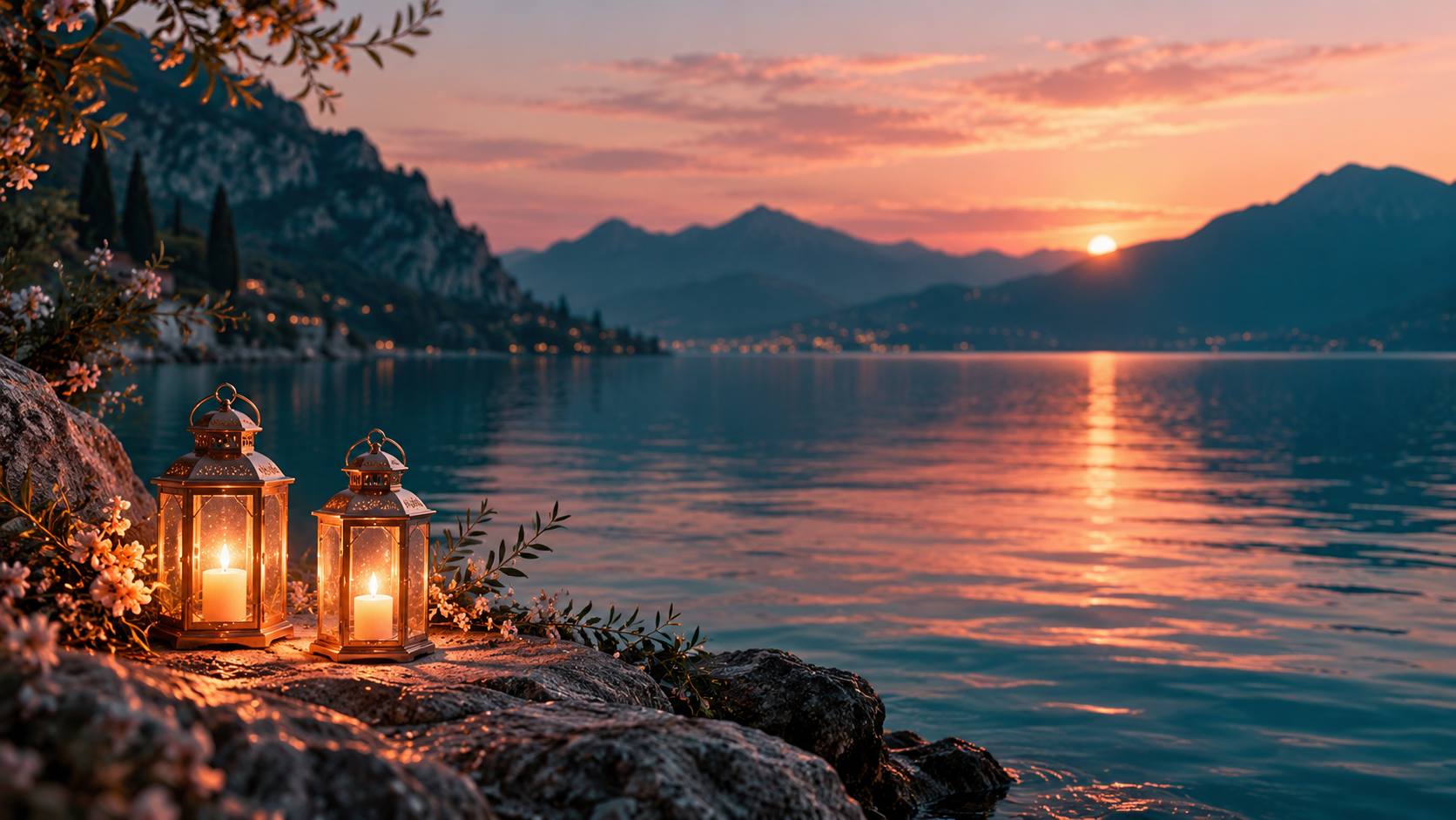 Two glowing lanterns beside a lake at twilight. AI-generated editorial illustration.