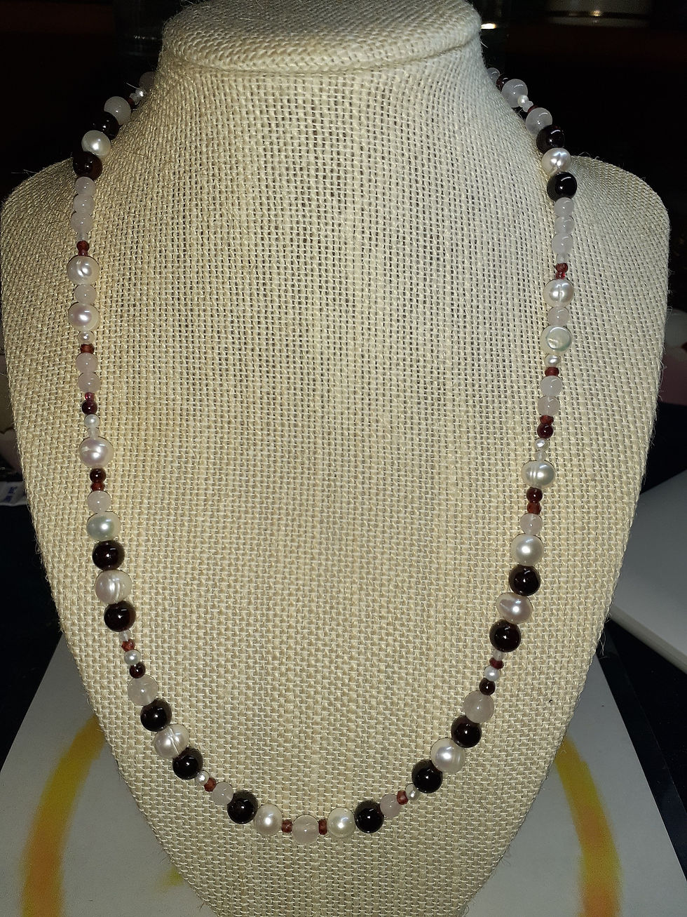 Rose Quartz, Freshwater Pearl, Garnet with Stirling Silver on Tigertail