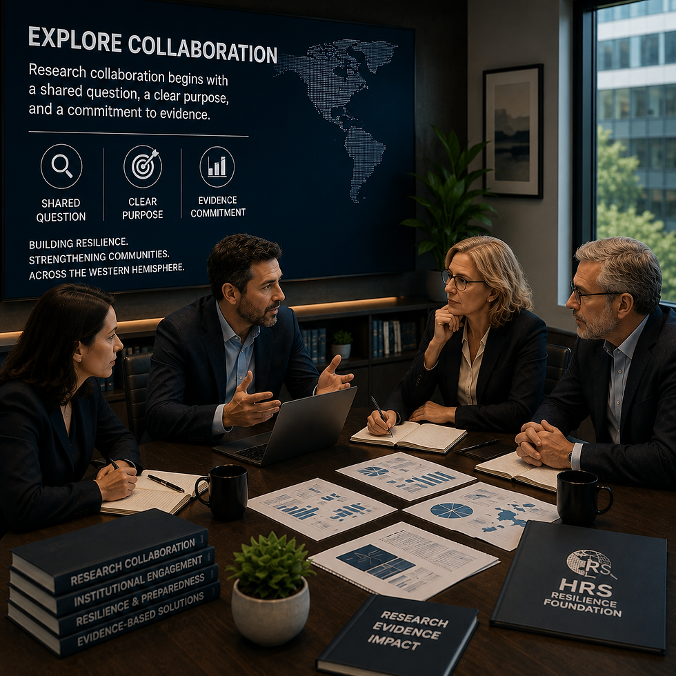 Research professionals collaborating on evidence-based research and institutional resilience.
