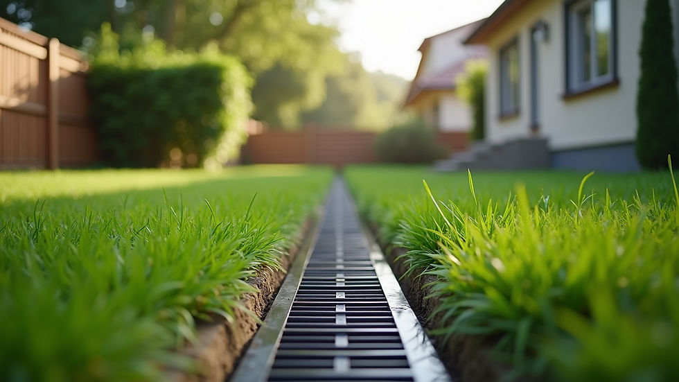 Eye-level view of a residential yard with proper drainage channels