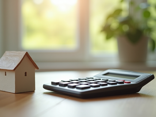 calculator and little wooden house figurine sitting on a table
