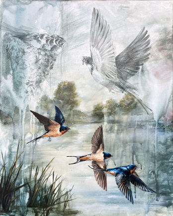 oil painting of three barn swallows flying over a pond, with a faded barn swallow in the background bringing food to her nest of baby birds