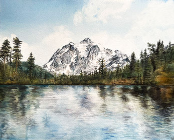watercolor painting of Mt. Shuksan reflecting over Picture Lake with large evergreen trees around the lake