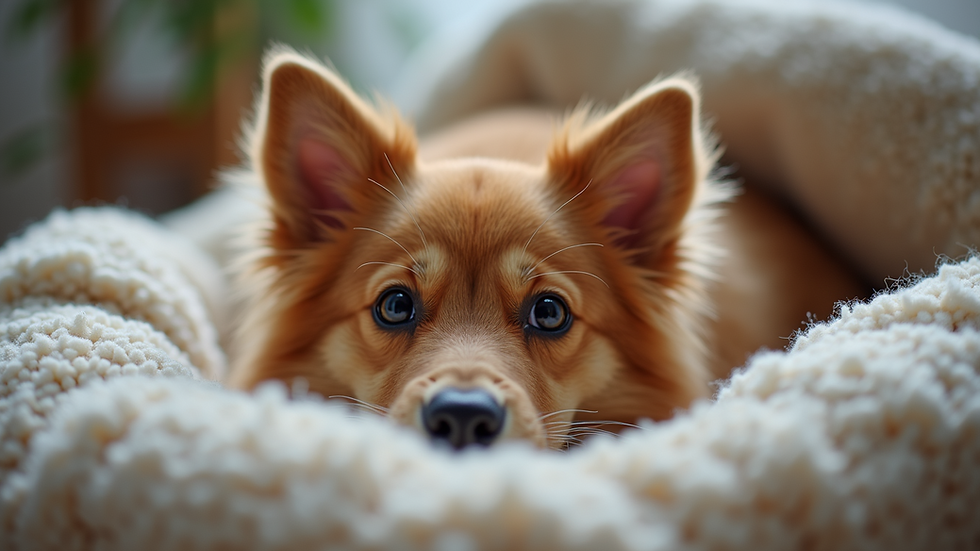 Eye-level view of a cozy pet bed with a soft blanket