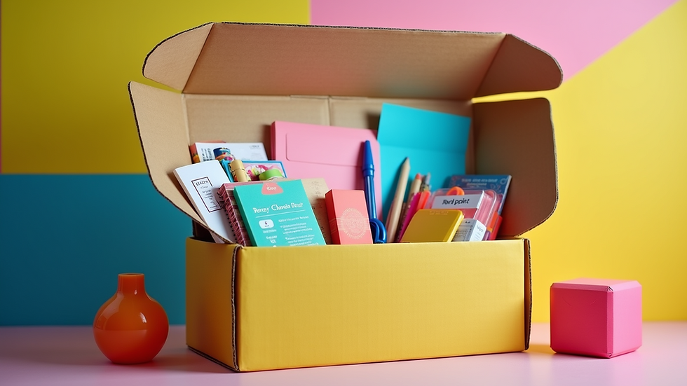 Eye-level view of a colorful STEM subscription box filled with educational materials
