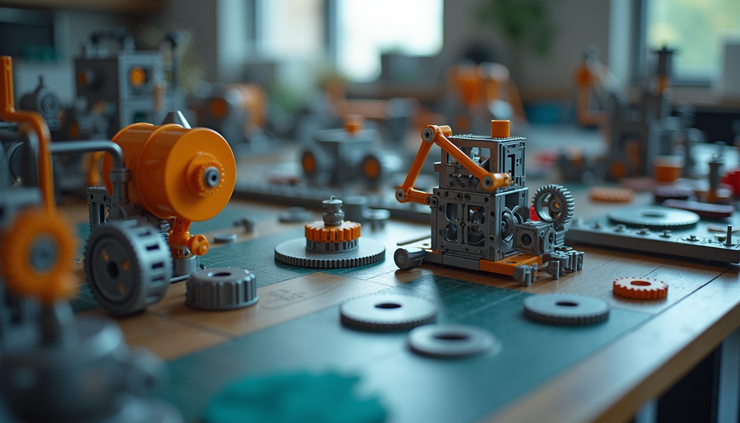 Close-up view of a KiwiCo engineering project with gears and building components on a table