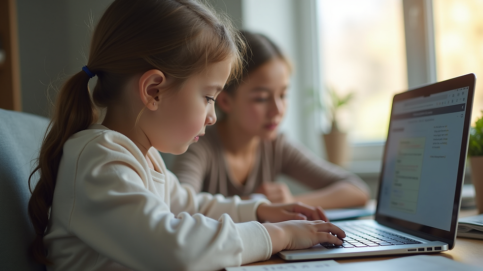 High angle view of a child engaged in an online lesson