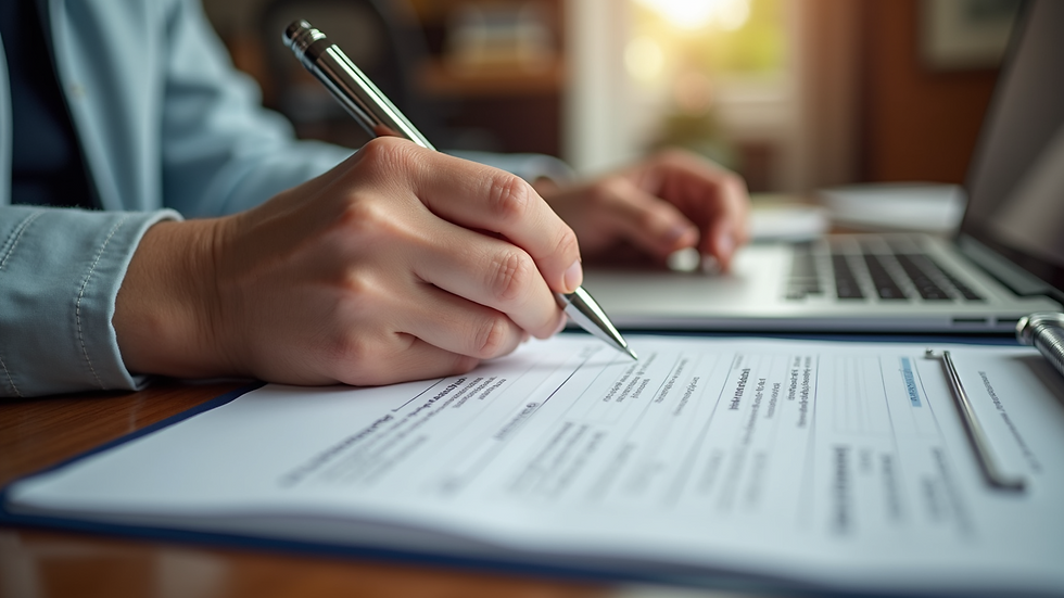 Eye-level view of a pet owner filling out an insurance claim form
