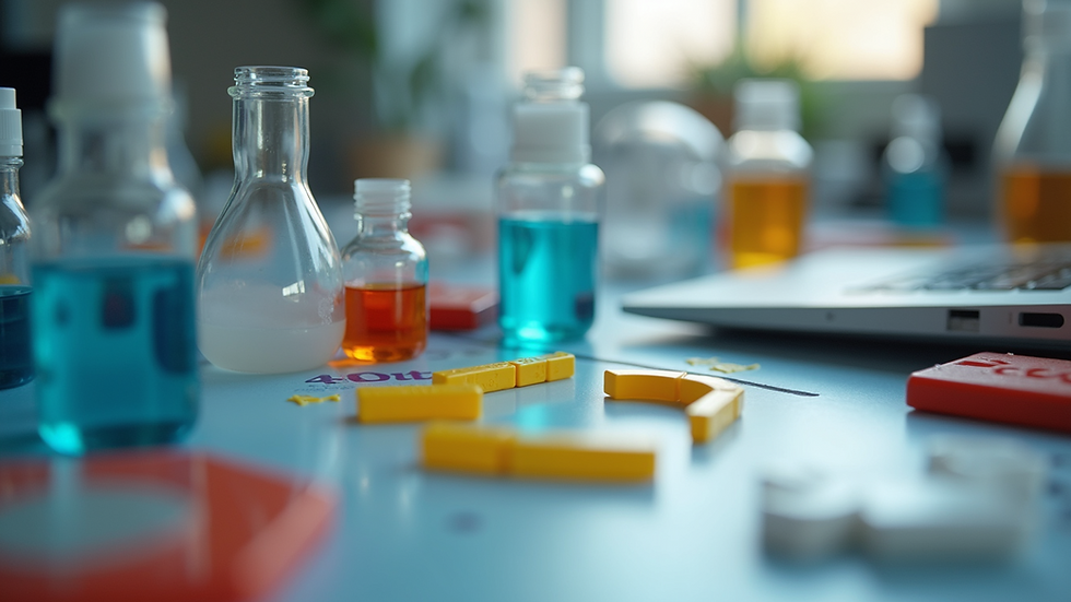 Close-up view of colorful science kit components arranged on a table