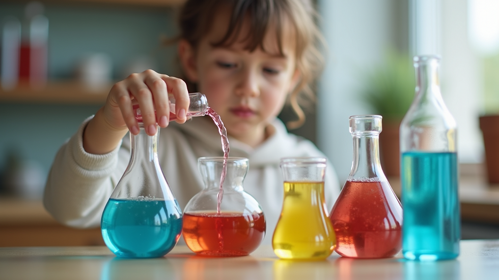 Eye-level view of a child conducting a science experiment with colorful liquids