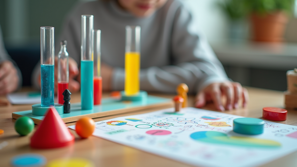 High angle view of a colorful STEM project display on a table