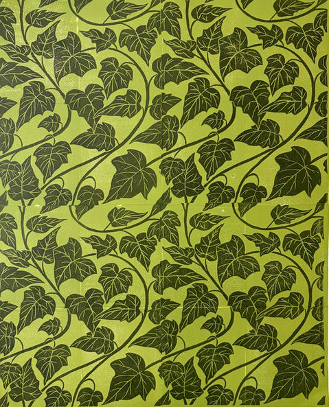 16 x 20 linocut featuring a repeating pattern of stylized english ivy in dark green on a light green background