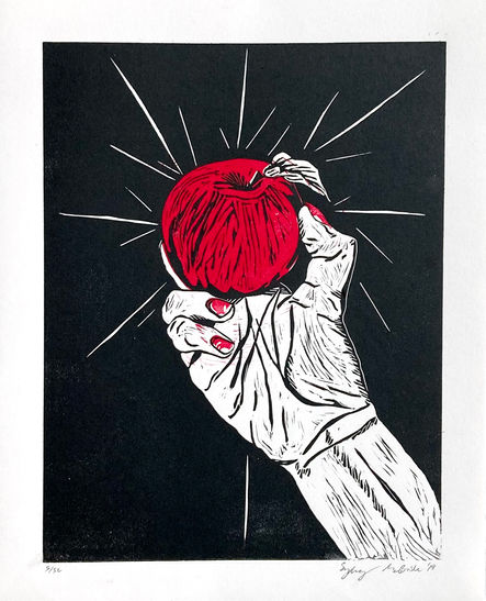 Original linocut relief print on paper in red, black and white. Wall art decor with a goth and witchy aesthetic. Art of Eve holding an apple with a feminist perspective.