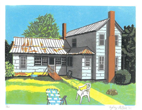 linocut print of an old farm house