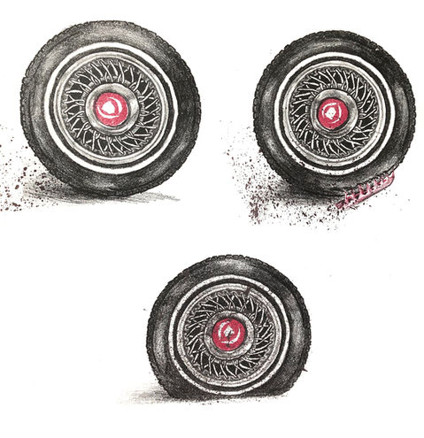 Lithograph of three tires with mud splatter