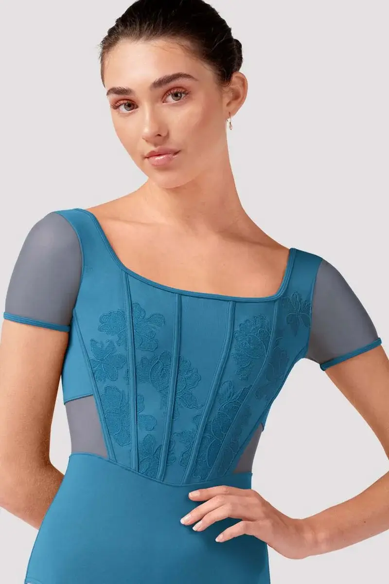 Thumbnail: Ladies Olivia Floral Cap Sleeve Leotard L20001 Cerulean