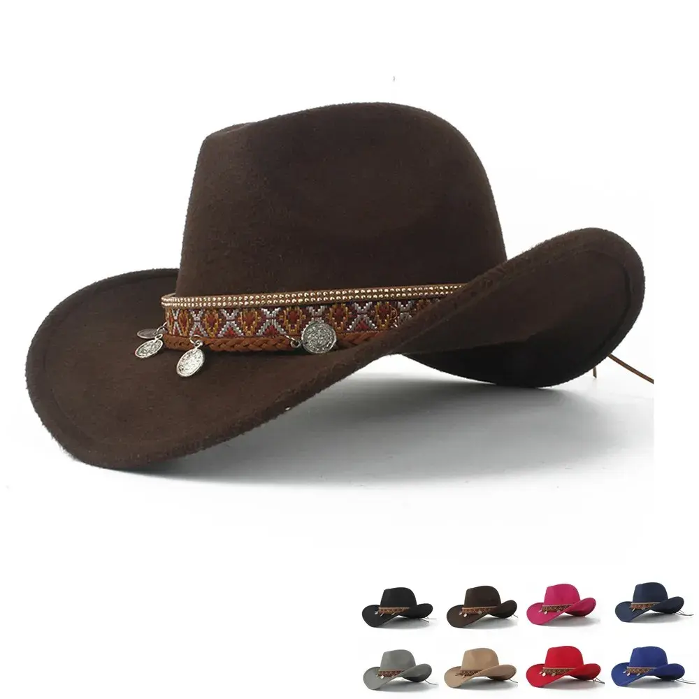 Western cowboy hat that can roll up with belt trim and coins