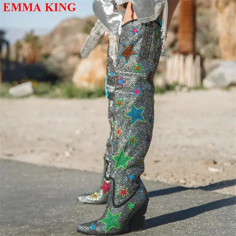 Western Rhinestone Over the Knee Boots