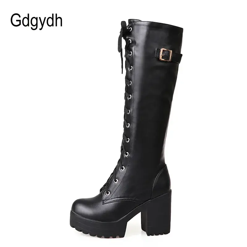 Thumbnail: Lace up knee high boots, square heel, PU leather