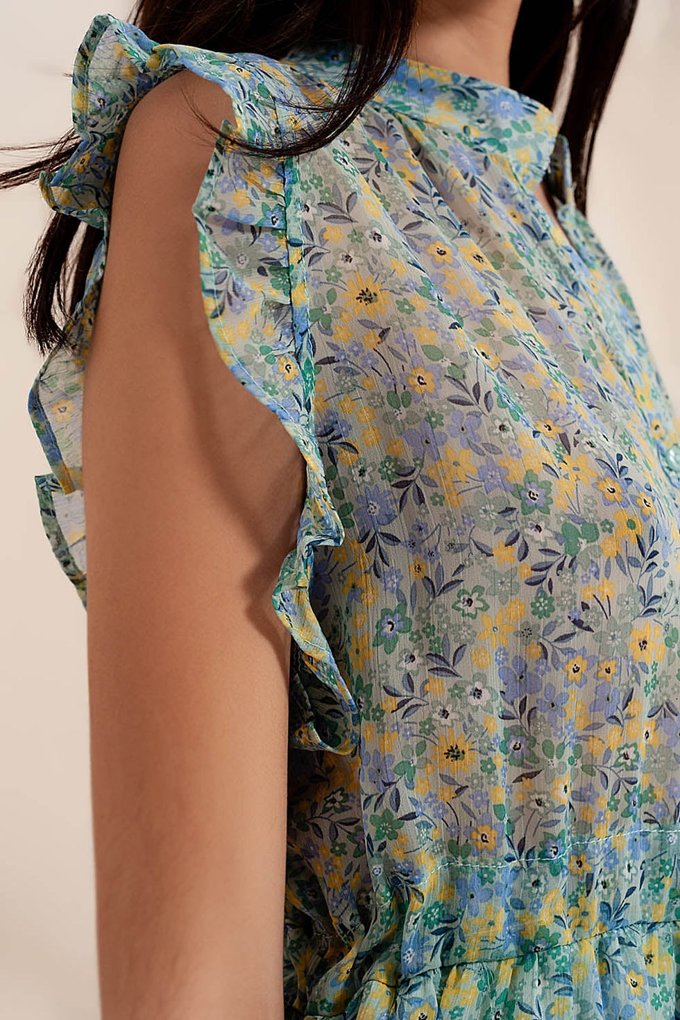 Thumbnail: Mini Dress With Ruffle Trims in Vintage Floral in Green