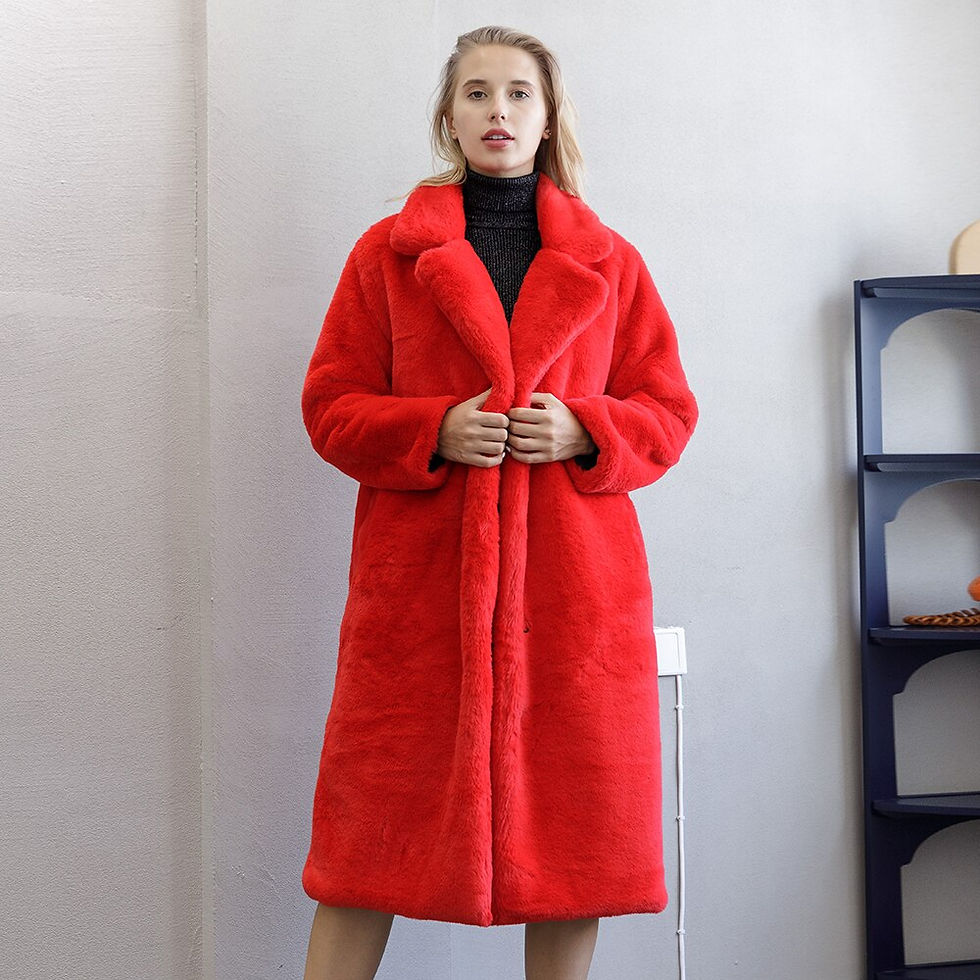 Thumbnail: Plush faux fur coat with loose lapel, and loose fit body