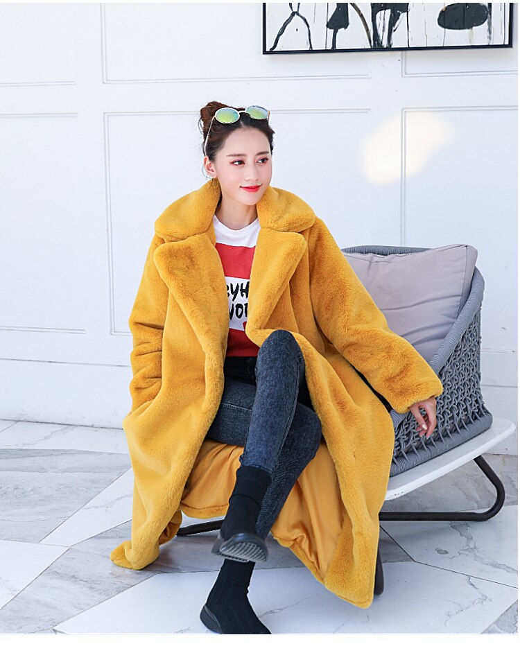Thumbnail: Plush faux fur coat with loose lapel, and loose fit body