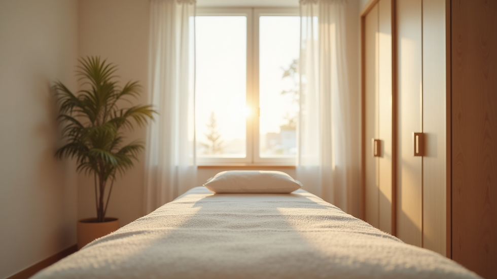 Eye-level view of a calm acupuncture treatment room with a treatment bed