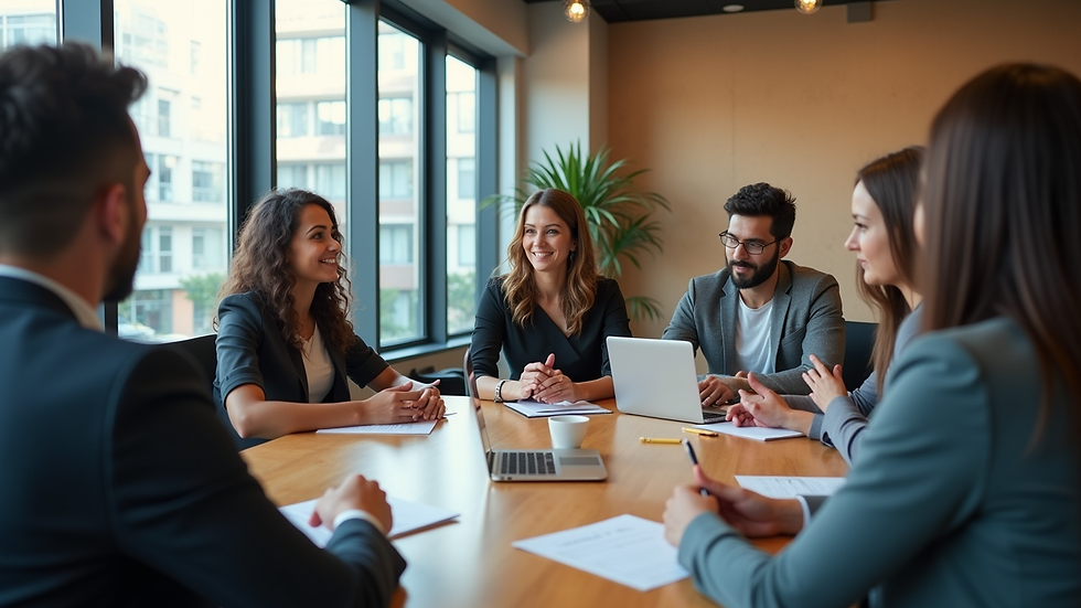 High angle view of a business meeting with diverse team members discussing communication strategies