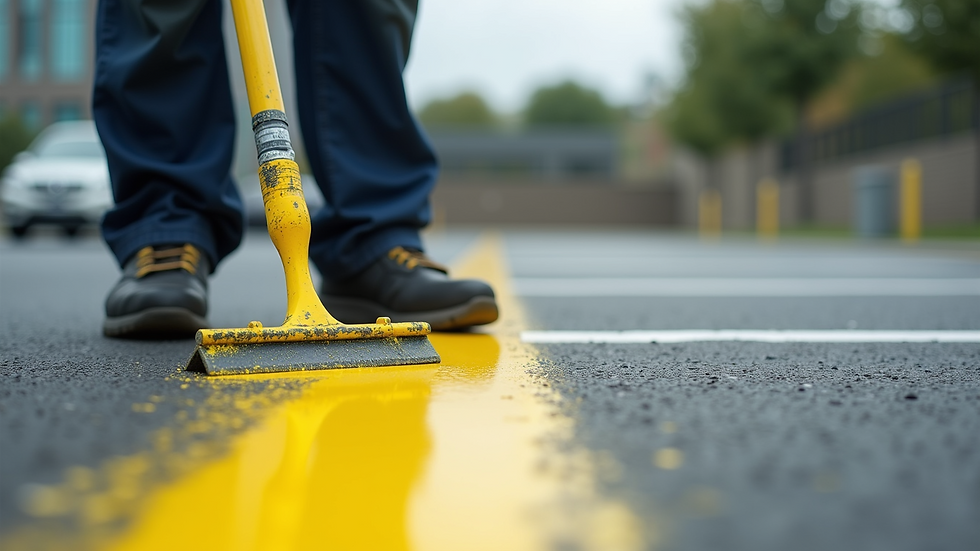 Close-up view of a parking lot line painter applying fresh yellow paint