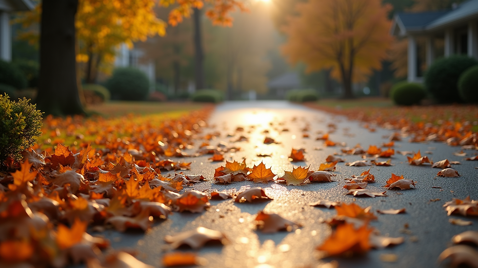 High angle view of a driveway being cleared of autumn leaves