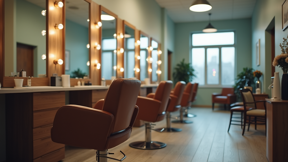Eye-level view of salon chair and mirror ready for haircut