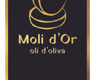 Logo en etiket van Moli d’Or met een gestileerde molensteen als symbool voor traditioneel olijven persen