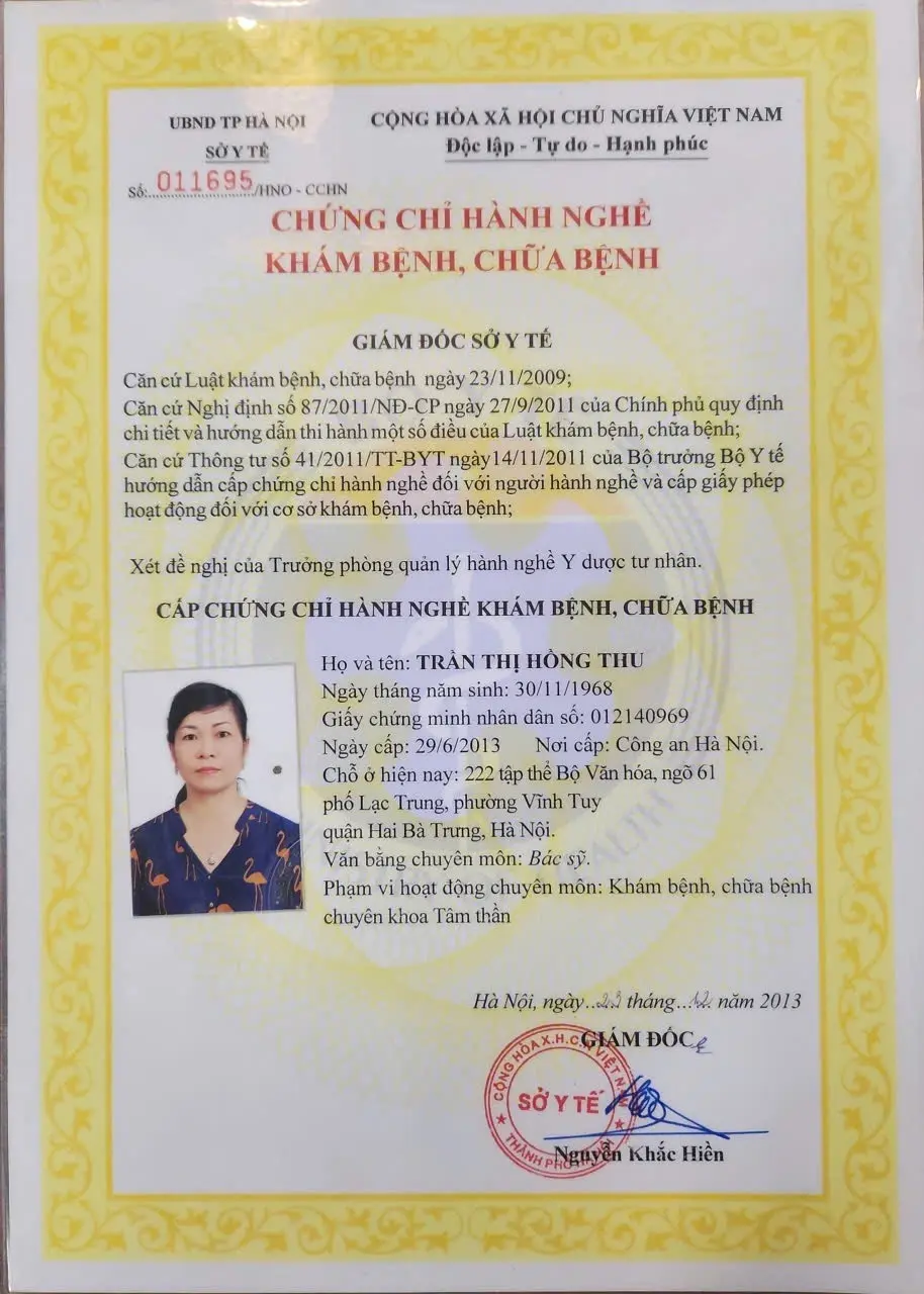 Chứng chỉ hành nghề trị liệu tâm lý của Tiến sĩ bác sĩ Trần Thị Hồng Thu