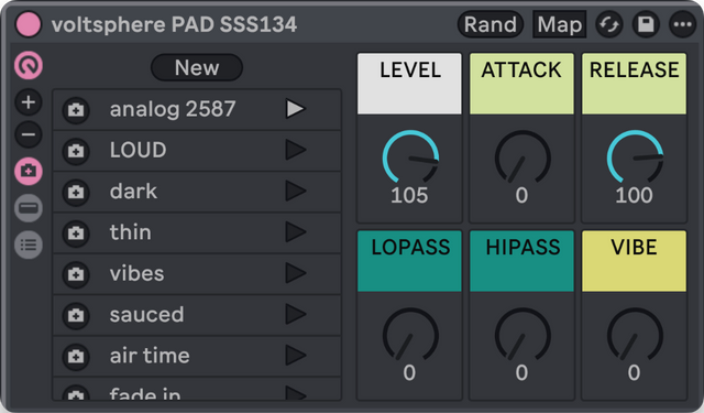 A patch in its Simpler device, with its macros and presets