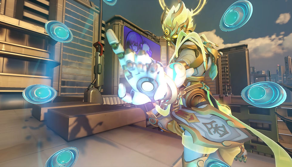 Futuristic figure casts glowing energy orbs on a city rooftop. Background includes a large screen with a blue image. Dynamic and action-packed.