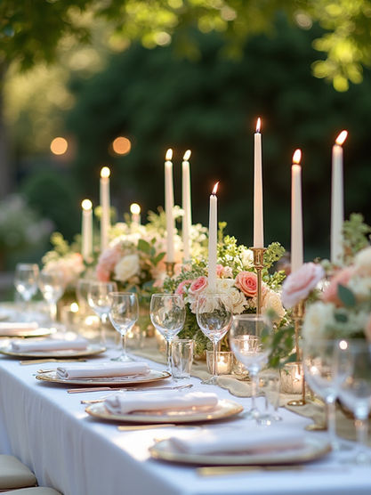 Elegant table setting with candles and flowers ready for a reception, outdoor.