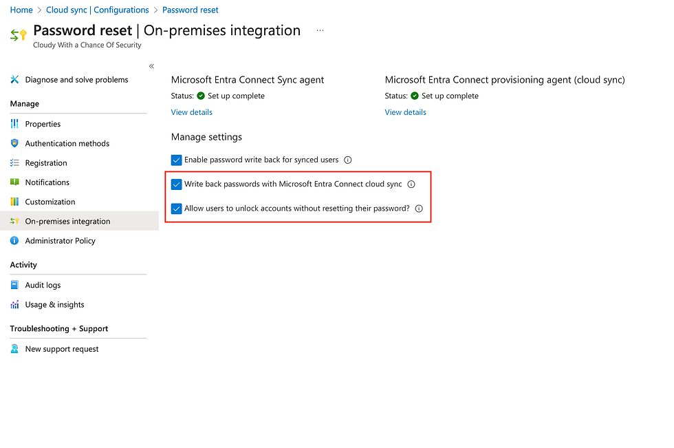 Password reset screen for on-premises integration with options to write back passwords and unlock accounts. Settings are checked.