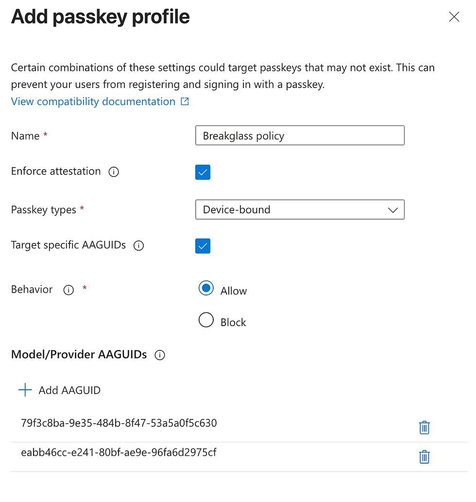 Add passkey profile screen with options: Name "Breakglass policy", Device-bound passkey, and behavior settings. AAGUIDs listed below.