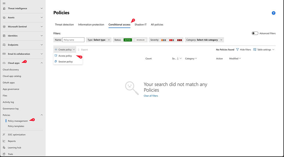 Cloud apps section in Microsoft Defender for Cloud Apps highlighting the policy creation options, including access and session policies for Conditional Access to mitigate security risks.