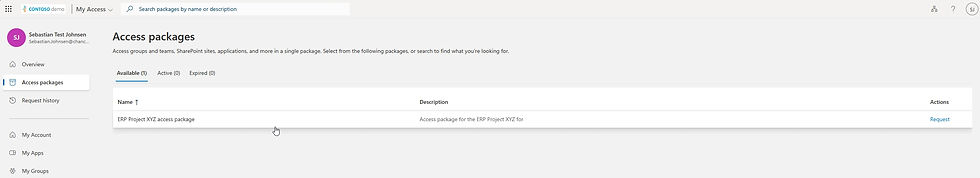 Access packages interface with a list of available packages. A cursor hovers over "ERP Project XYZ access package." User profile on left.