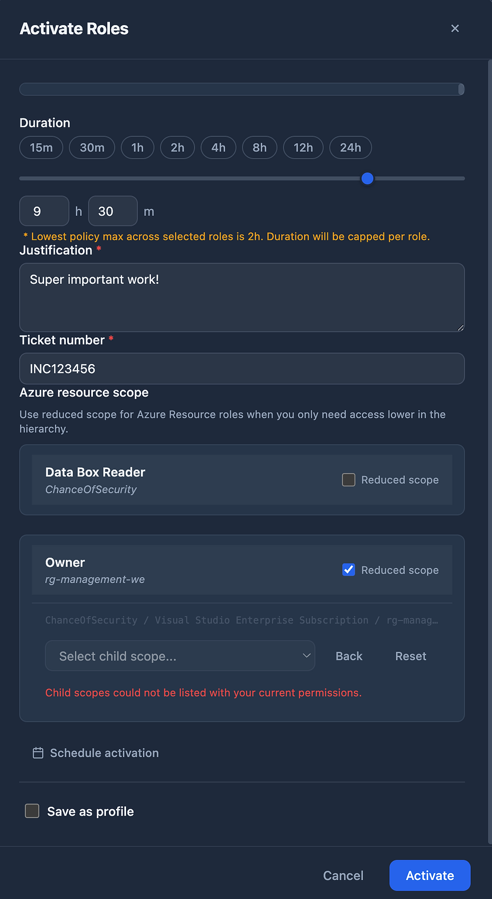 UI displaying role activation settings, including duration, justification text "Super important work!", and "INC123456" as ticket number.