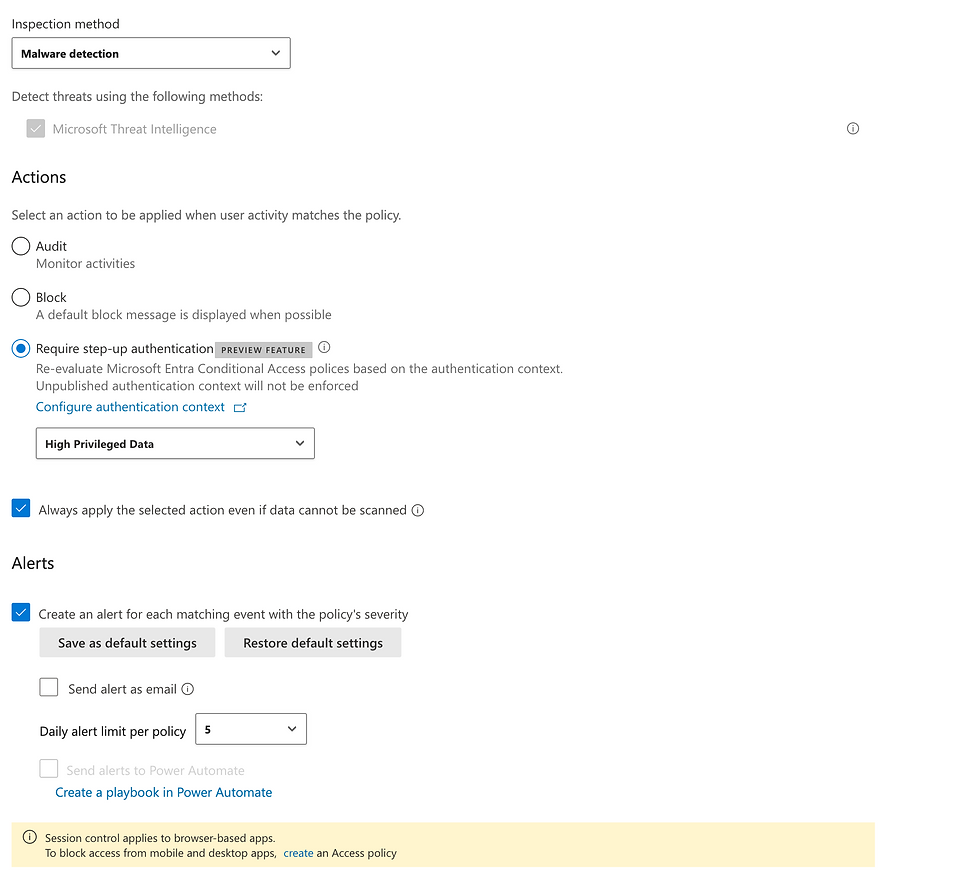 Settings page for malware detection, showing options for actions like audit and block, with checkboxes, dropdowns, and alert preferences.