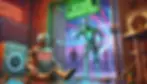 Two robots looking at each-other, one of the robots is old and rusty sitting on the floor outside a party with a red "access denied" sign showing on it's chest, the other robot is new and shiny with sunglasses, standing in the door leading into the party with a green "Access Granted" above it's head
