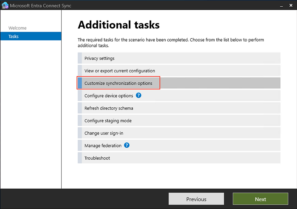 Settings screen from Microsoft Entra Connect Sync. "Customize synchronization options" is highlighted. Buttons for "Previous" and "Next".
