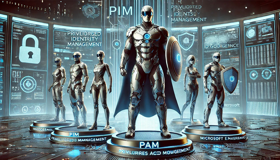 Futuristic robots representing Privileged Identity Management (PIM) and Privileged Access Management (PAM) stand in a high-tech control room with digital security interfaces. The central robot holds a shield symbolizing cybersecurity. Background displays show security icons, metrics, and Microsoft branding.
