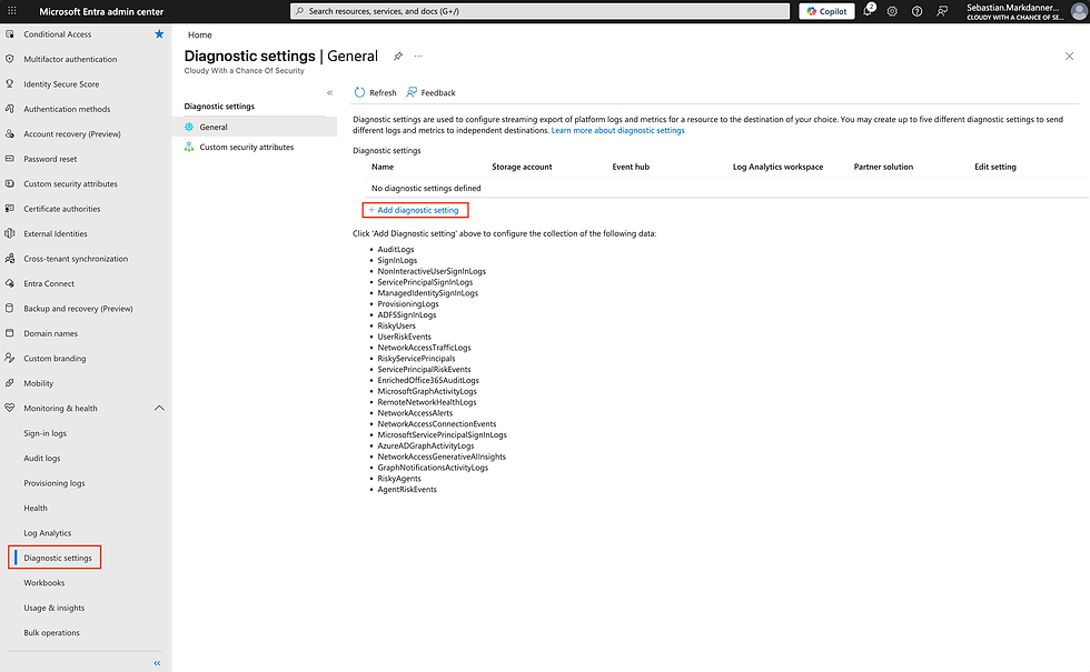 Microsoft Entra admin center with "Diagnostic settings | General" page open. Sidebar shows menu options. "+ Add diagnostic setting" highlighted.