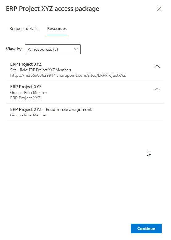 ERP Project XYZ access package screen shows resources with roles and a SharePoint link. A blue "Continue" button is at the bottom.